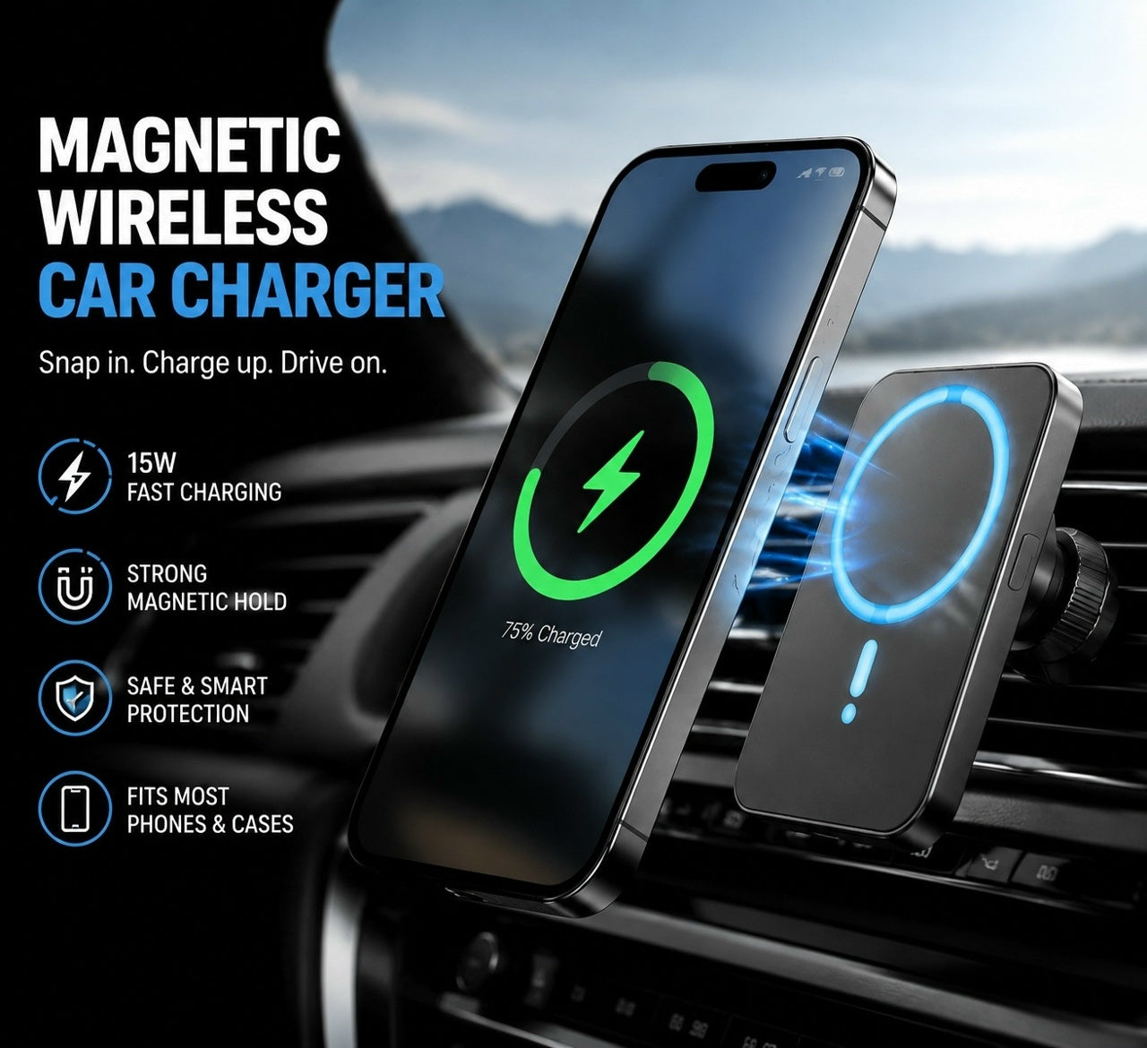 Magnetic Wireless Car Charger Phone Mount – Fast Charging Vent Holder Compatible with MagSafe iPhone 17/16/15/14/13/12 Series