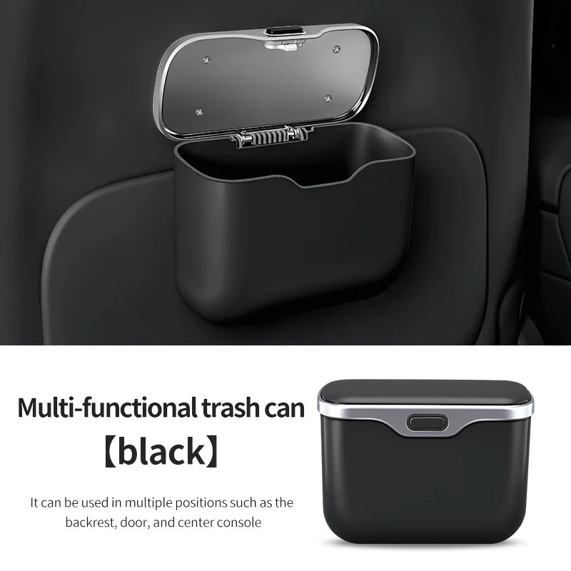 black Car Trash Can with Lid – Hanging Auto Garbage Bin & Interior Organizer