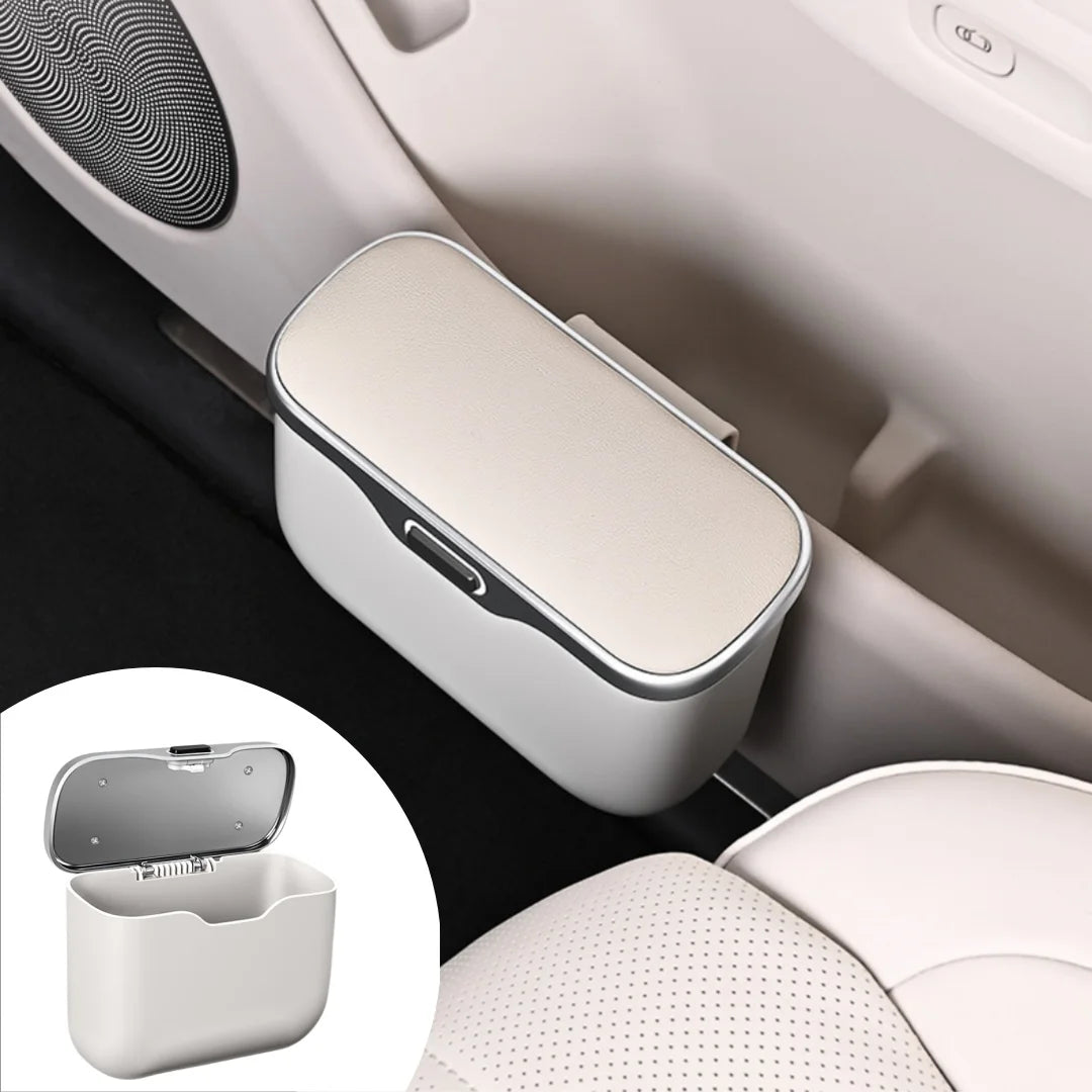 beige Car Trash Can with Lid – Hanging Auto Garbage Bin & Interior Organizer