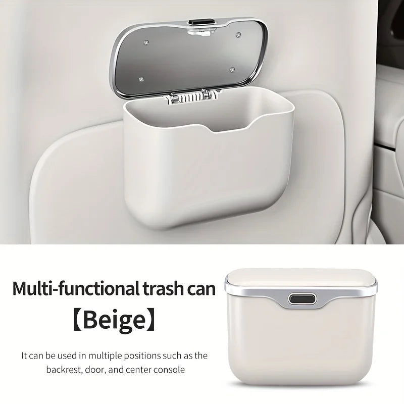beige Car Trash Can with Lid – Hanging Auto Garbage Bin & Interior Organizer