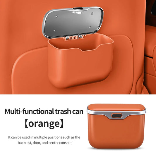 orange Car Trash Can with Lid – Hanging Auto Garbage Bin & Interior Organizer
