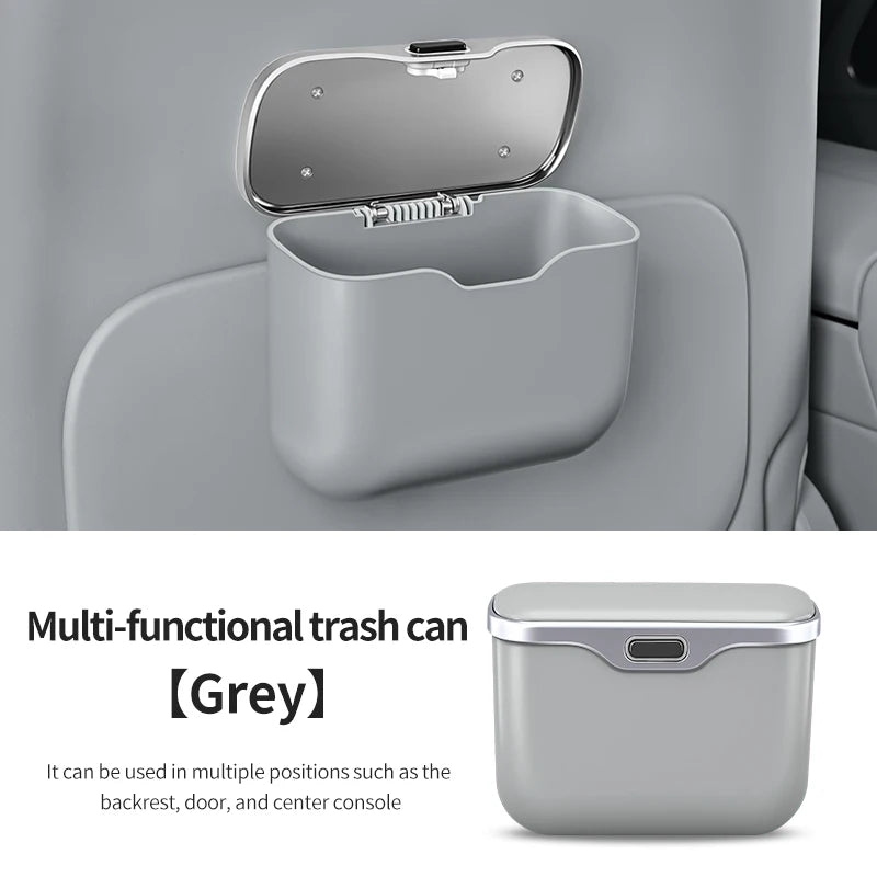 gray Car Trash Can with Lid – Hanging Auto Garbage Bin & Interior Organizer