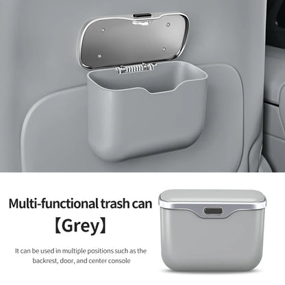 gray Car Trash Can with Lid – Hanging Auto Garbage Bin & Interior Organizer