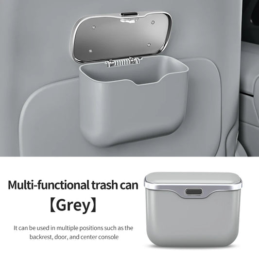 gray Car Trash Can with Lid – Hanging Auto Garbage Bin & Interior Organizer
